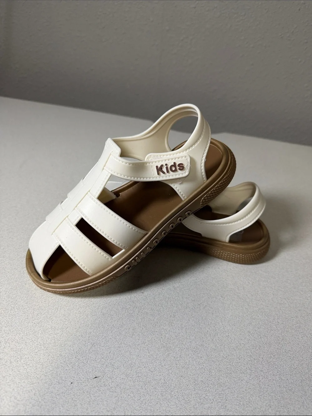 Kids Cream Closed-Toe Sandals with Brown Sole - Secure Hook & Loop